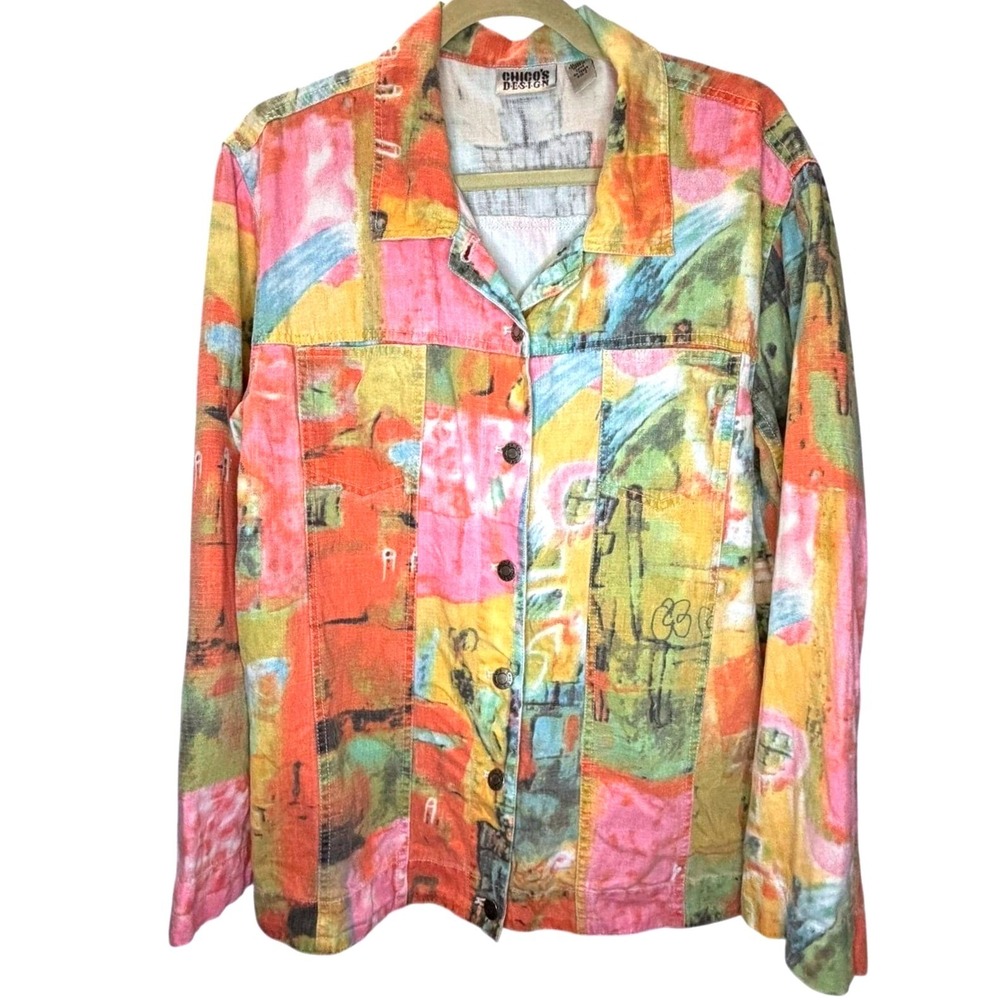 Chico's Design Jacket Womens 2‎ Multicolor Vintage 90s Abstract Art Linen Cotton